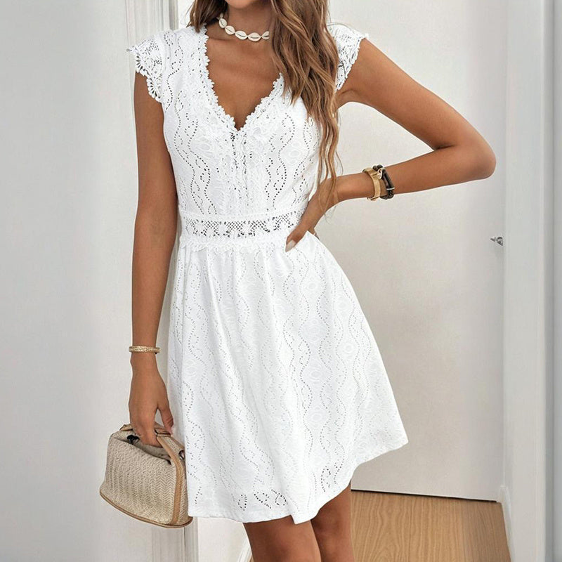 V-Neck Short Sleeve Dress With Lace Trim