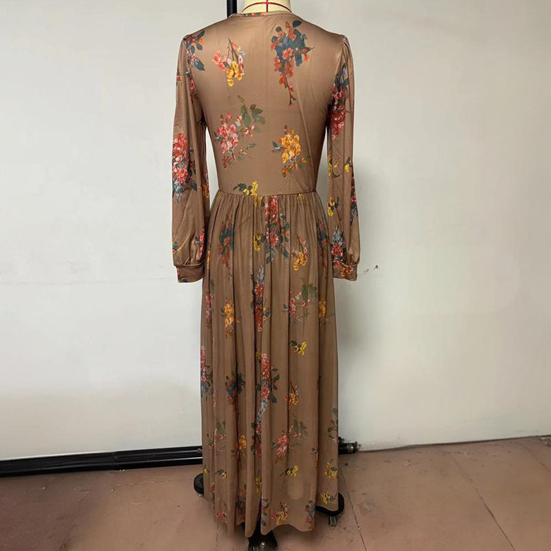 Floral Cuffed Sleeves Maxi Dress