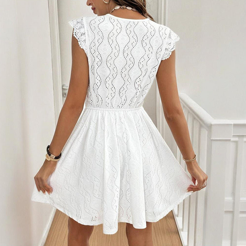 V-Neck Short Sleeve Dress With Lace Trim