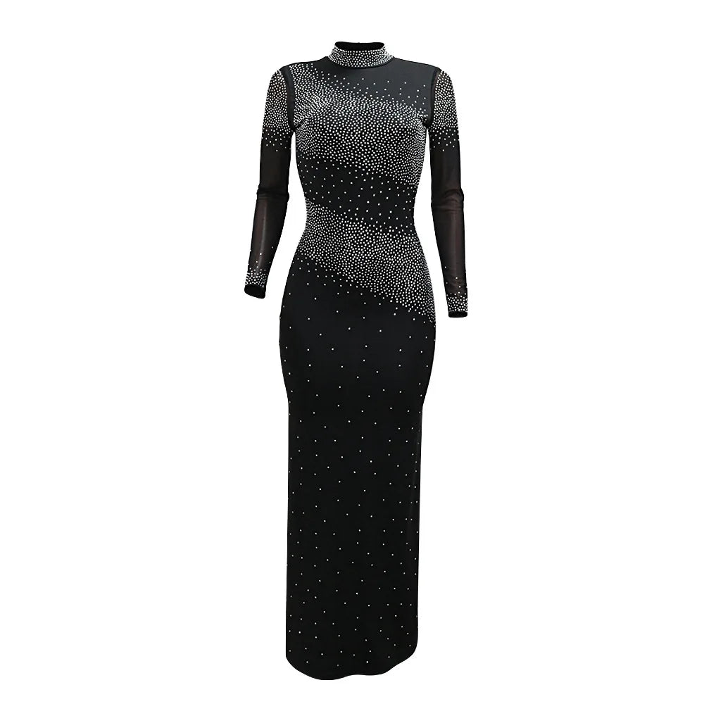 Elegant Rhinestone High-Neck Dress