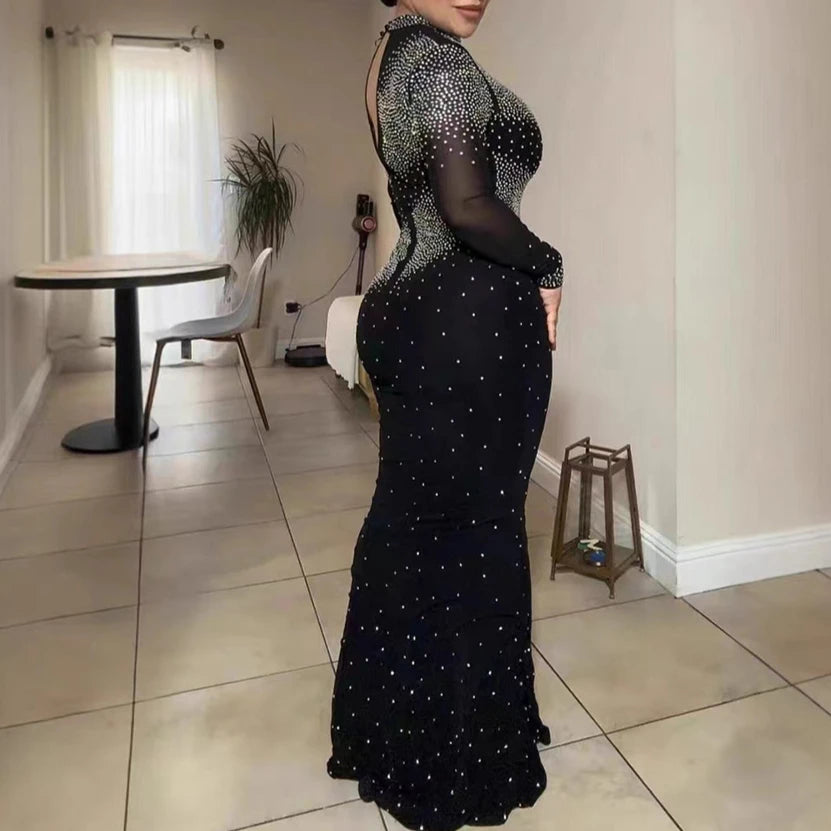 Elegant Rhinestone High-Neck Dress