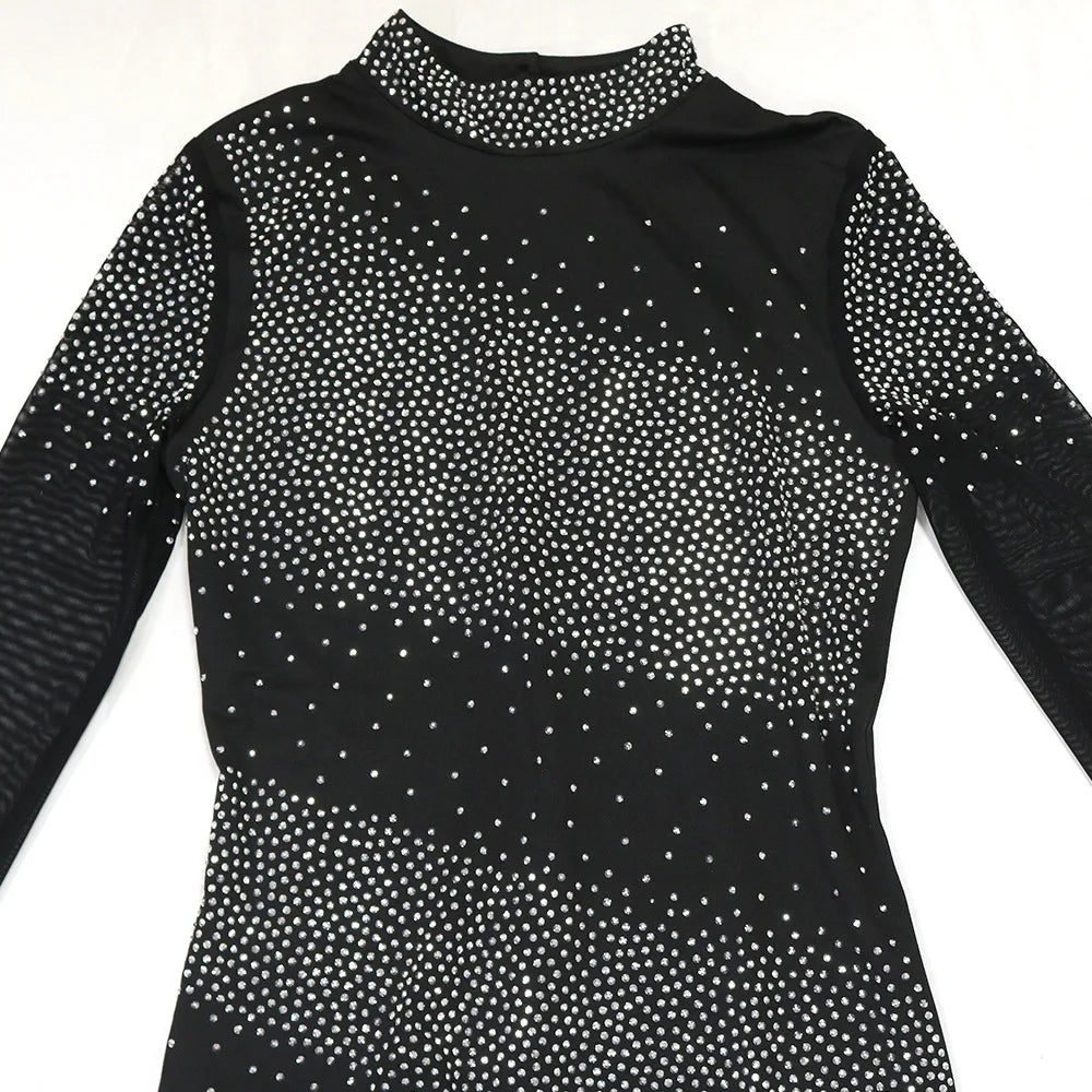 Elegant Rhinestone High-Neck Dress