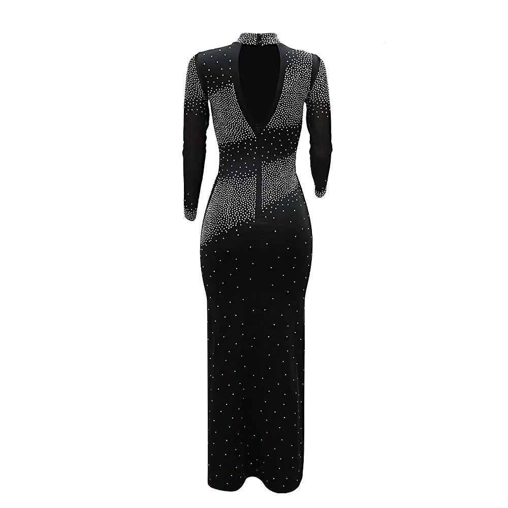 Elegant Rhinestone High-Neck Dress