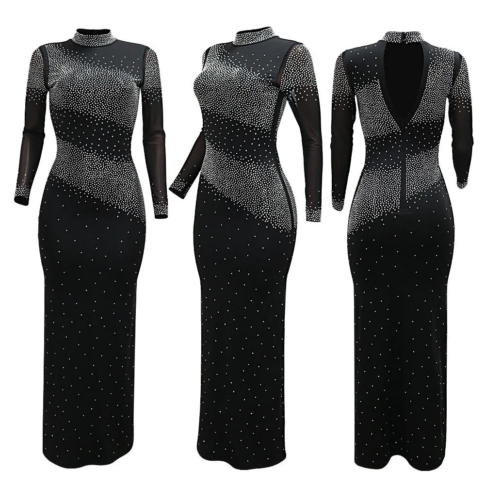 Elegant Rhinestone High-Neck Dress
