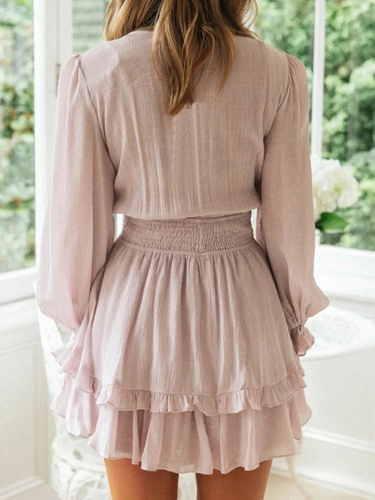 Ruffled Deep V-Neck Mini Dress