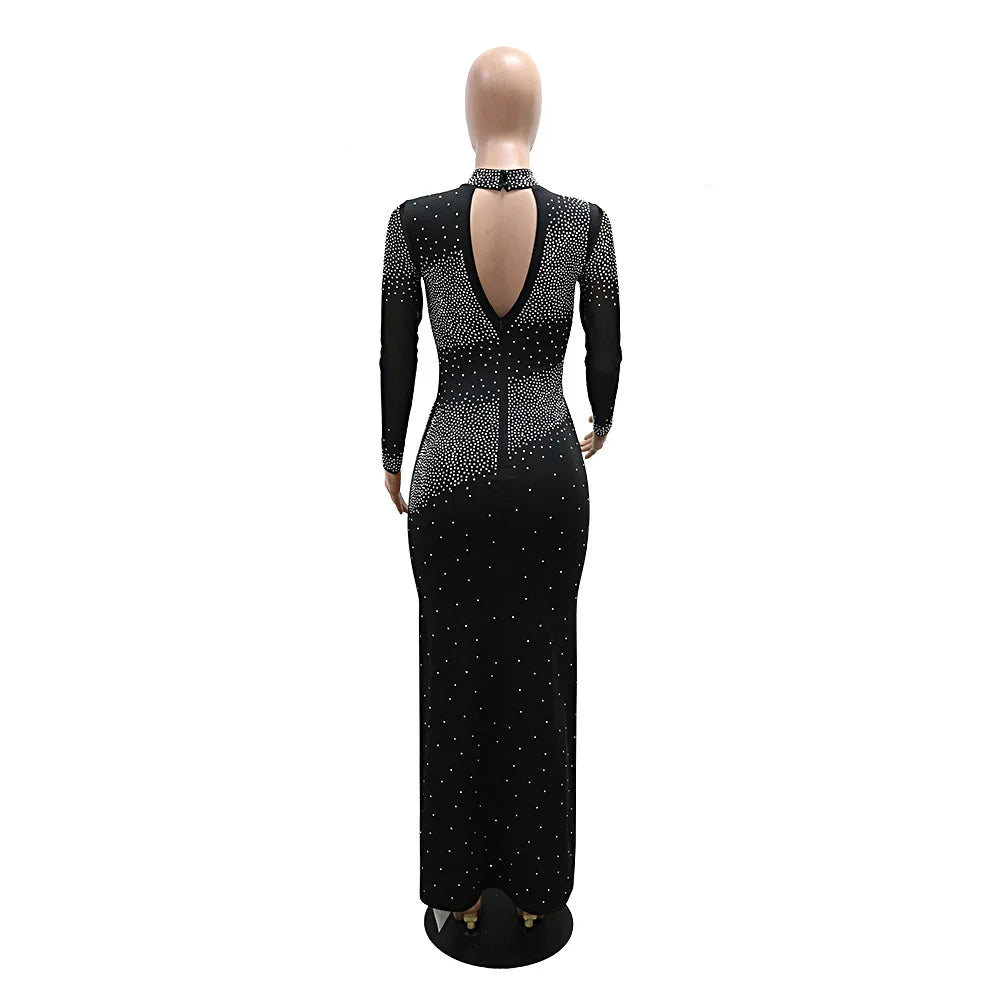 Elegant Rhinestone High-Neck Dress