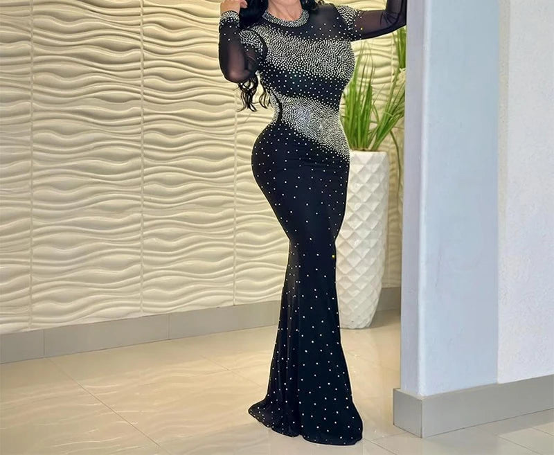 Elegant Rhinestone High-Neck Dress