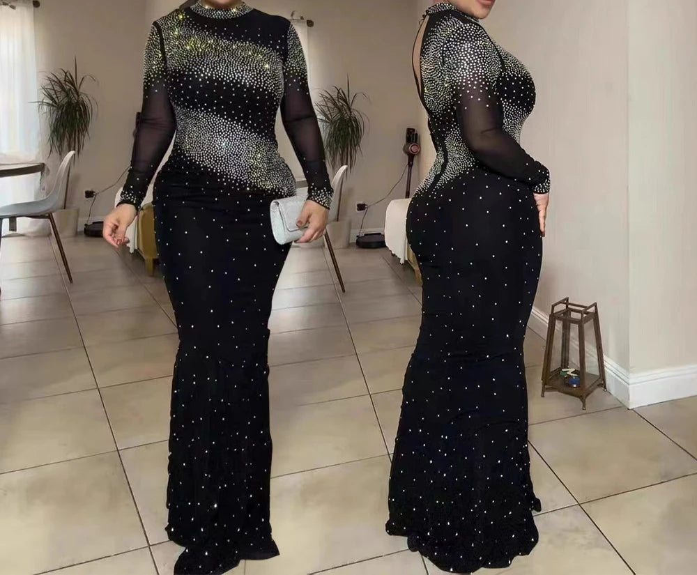 Elegant Rhinestone High-Neck Dress