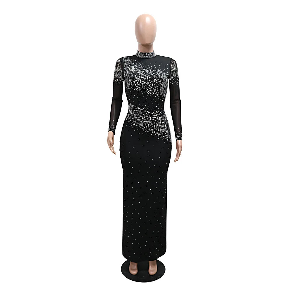 Elegant Rhinestone High-Neck Dress