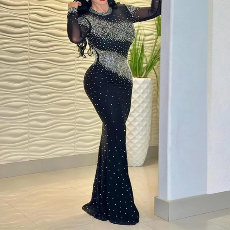 Elegant Rhinestone High-Neck Dress
