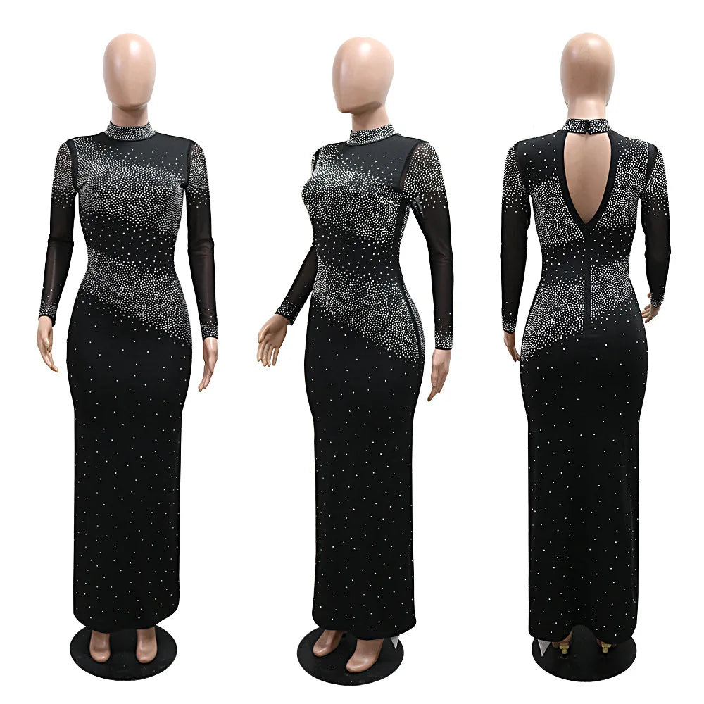 Elegant Rhinestone High-Neck Dress