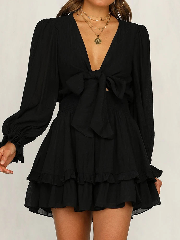 Ruffled Deep V-Neck Mini Dress