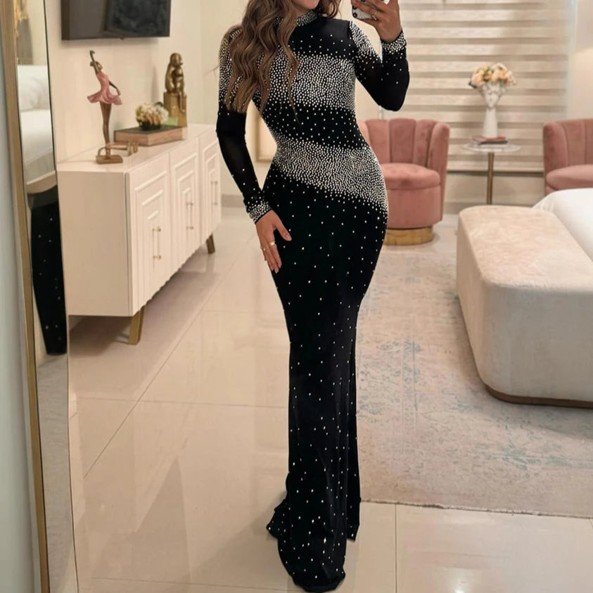 Elegant Rhinestone High-Neck Dress