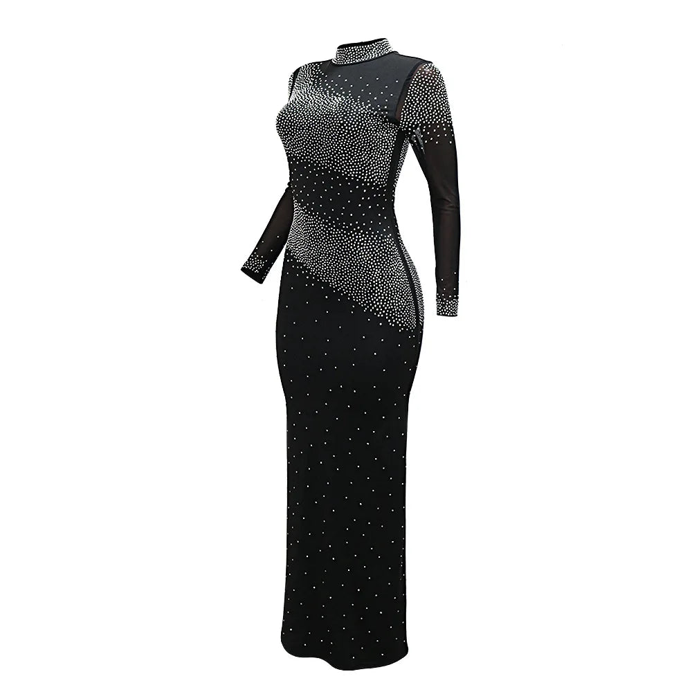 Elegant Rhinestone High-Neck Dress