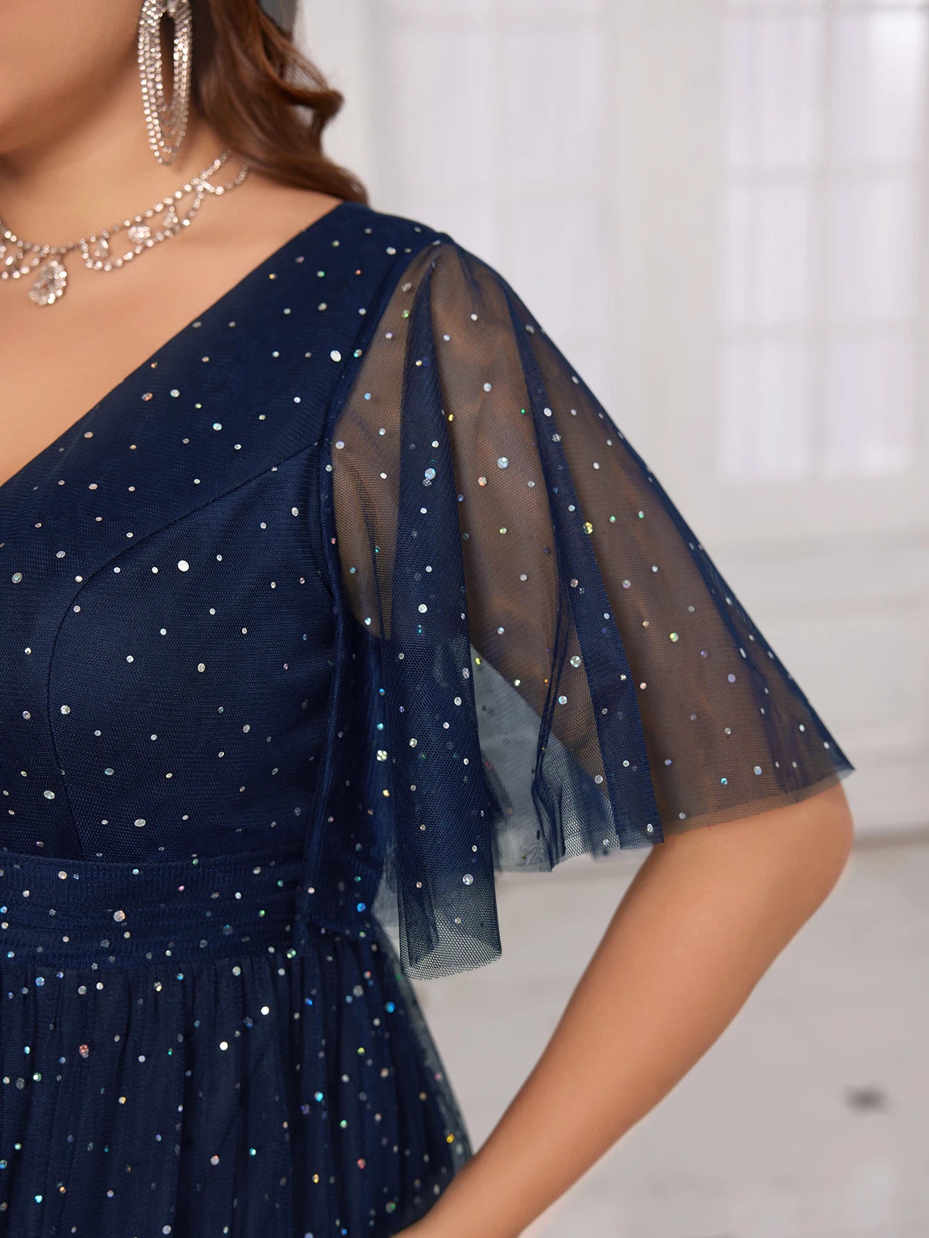 Glitter Mesh V-Neck Tulle Dress