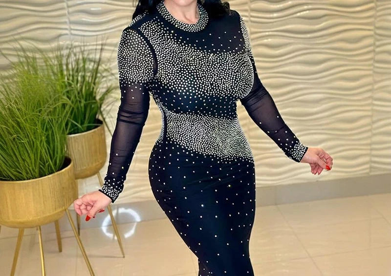 Elegant Rhinestone High-Neck Dress