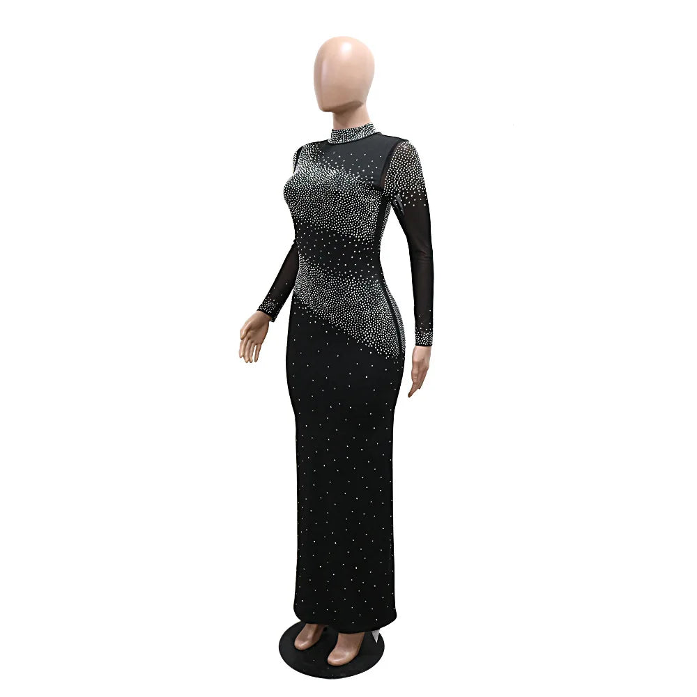 Elegant Rhinestone High-Neck Dress