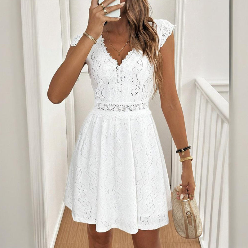V-Neck Short Sleeve Dress With Lace Trim
