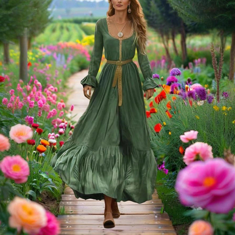 Green Back Vent With Ruffle Hem & Sleeve Dress