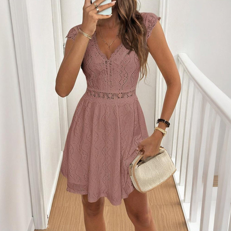 V-Neck Short Sleeve Dress With Lace Trim