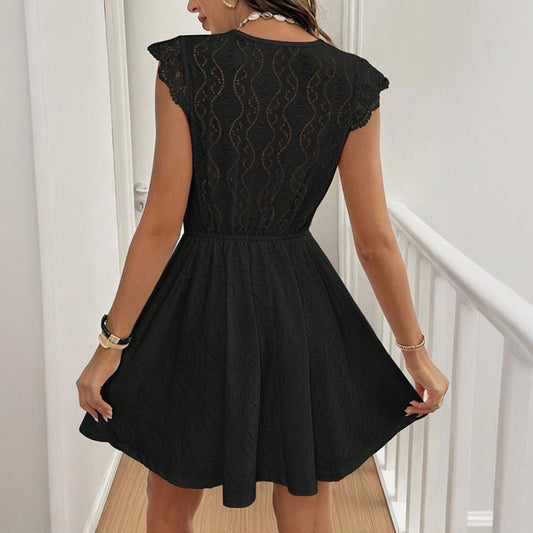 V-Neck Short Sleeve Dress With Lace Trim