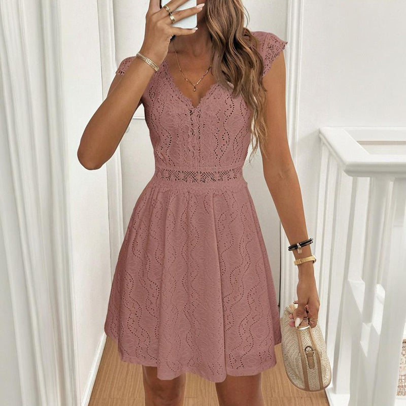 V-Neck Short Sleeve Dress With Lace Trim