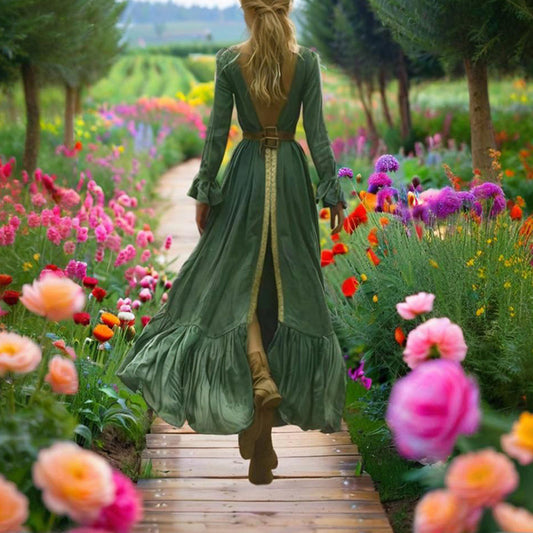 Green Back Vent With Ruffle Hem & Sleeve Dress