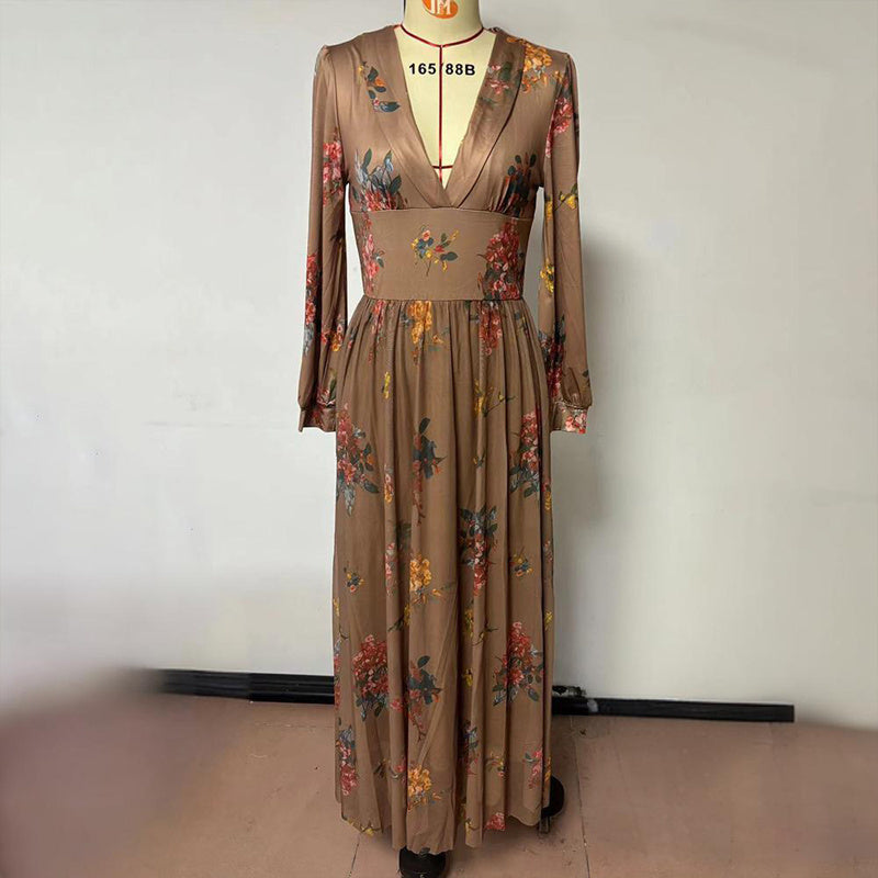 Floral Cuffed Sleeves Maxi Dress