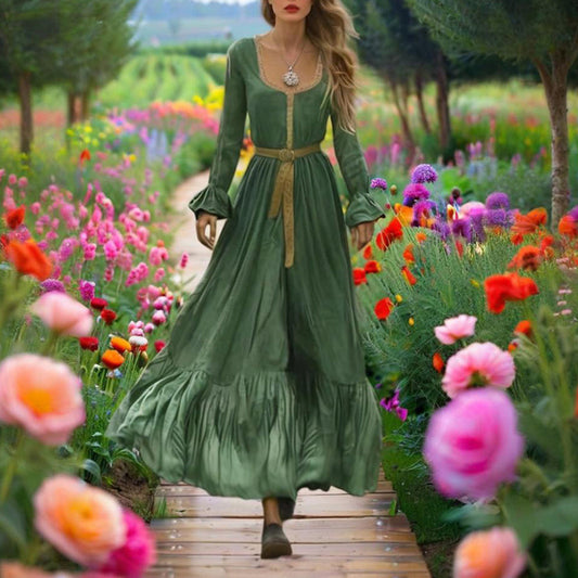 Green Back Vent With Ruffle Hem & Sleeve Dress