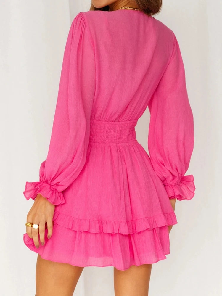 Ruffled Deep V-Neck Mini Dress