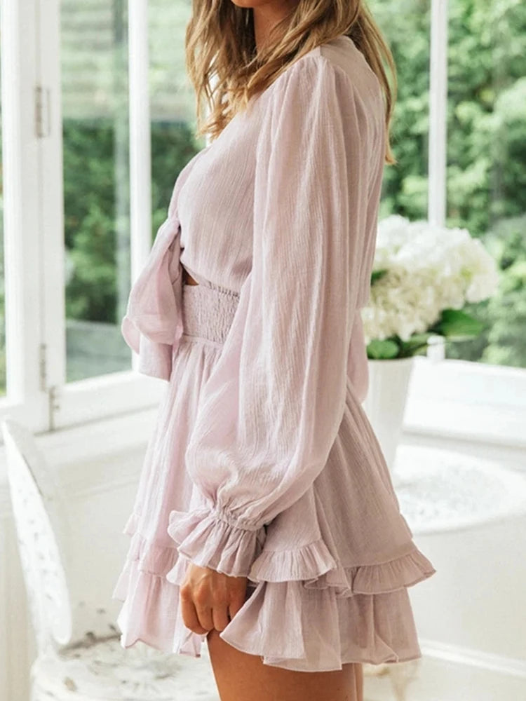 Ruffled Deep V-Neck Mini Dress