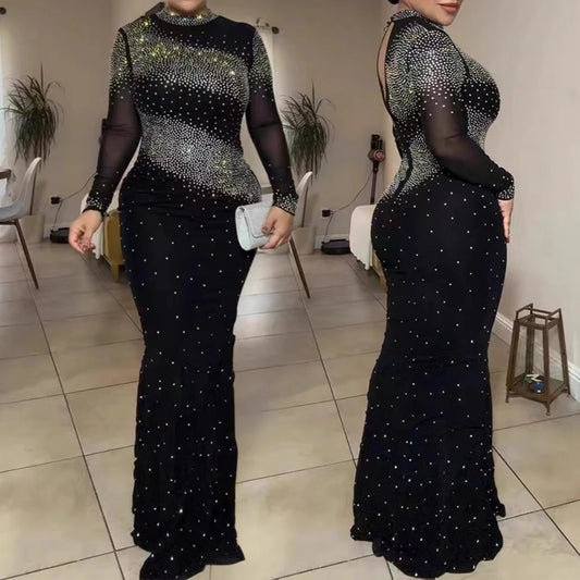 Elegant Rhinestone High-Neck Dress