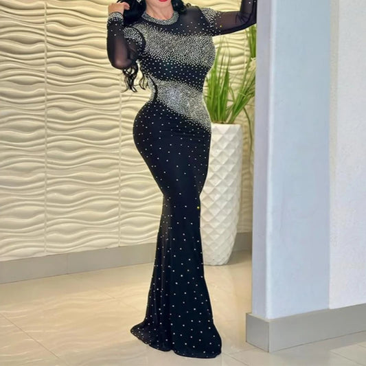 Elegant Rhinestone High-Neck Dress