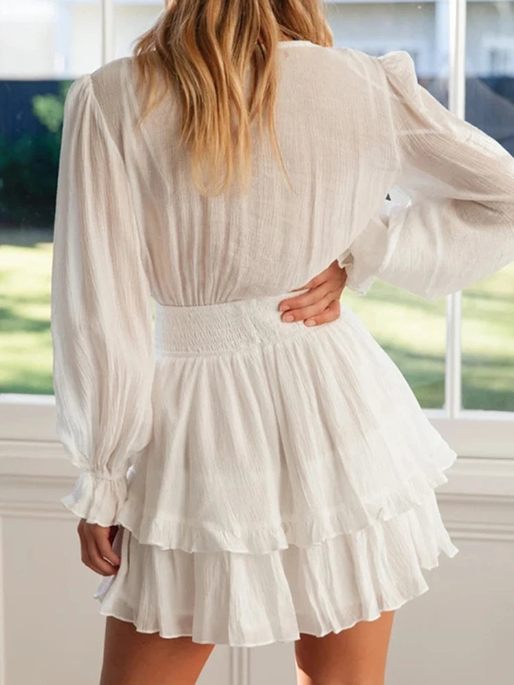 Ruffled Deep V-Neck Mini Dress