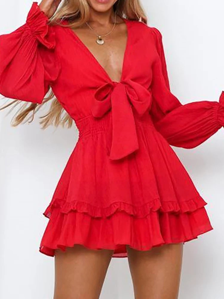 Ruffled Deep V-Neck Mini Dress
