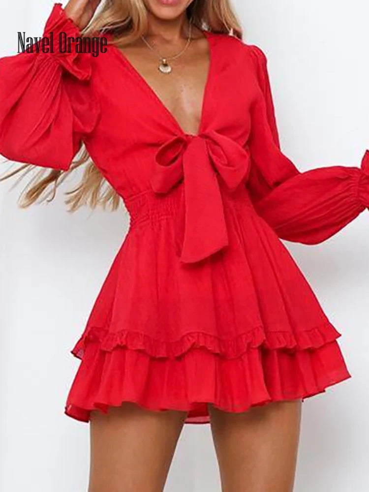 Ruffled Deep V-Neck Mini Dress