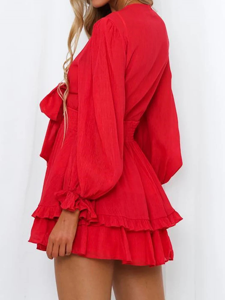 Ruffled Deep V-Neck Mini Dress