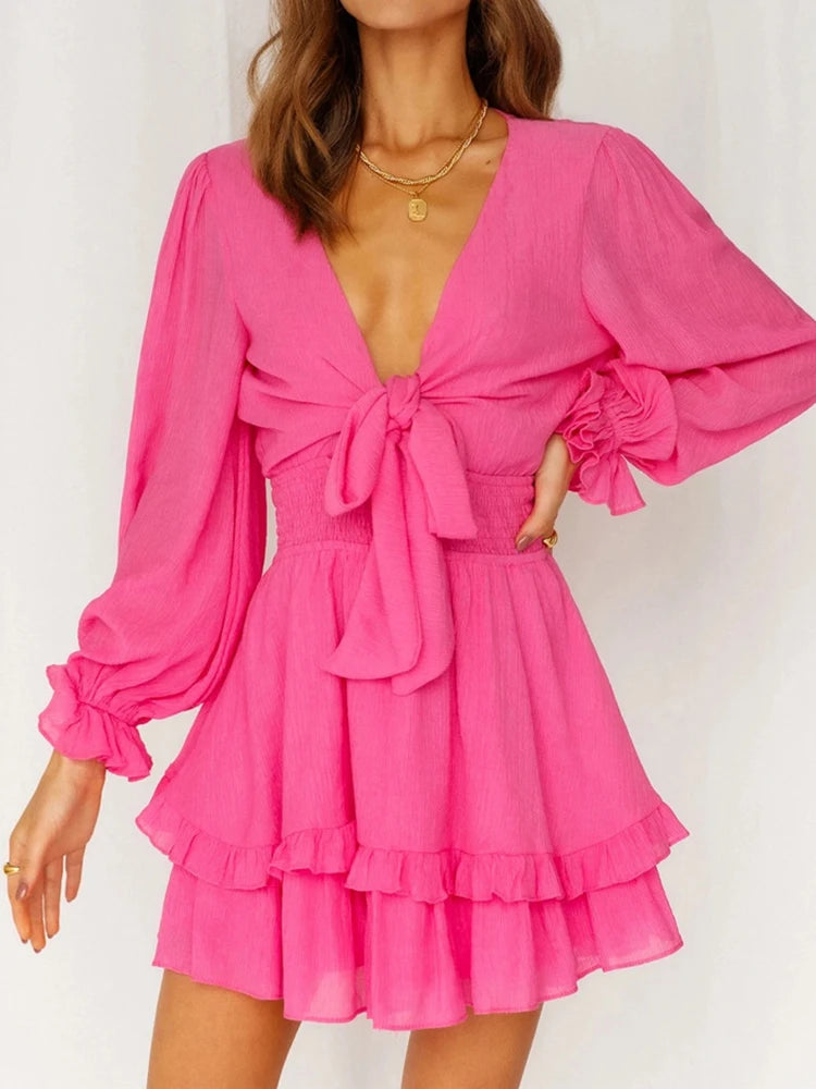 Ruffled Deep V-Neck Mini Dress