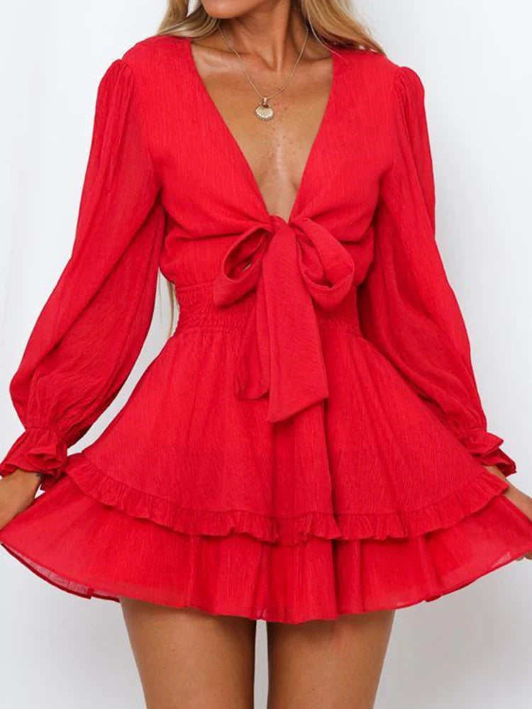 Ruffled Deep V-Neck Mini Dress