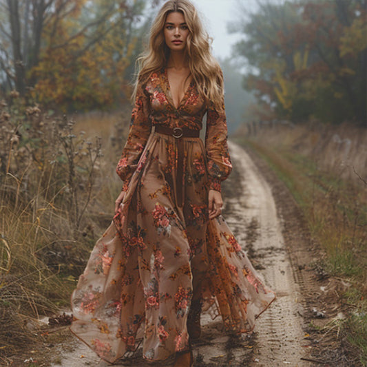 Floral Cuffed Sleeves Maxi Dress